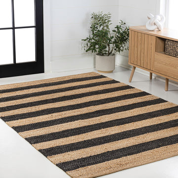 Jayden Rustic Farmhouse Woven Jute Stripe Area Rug